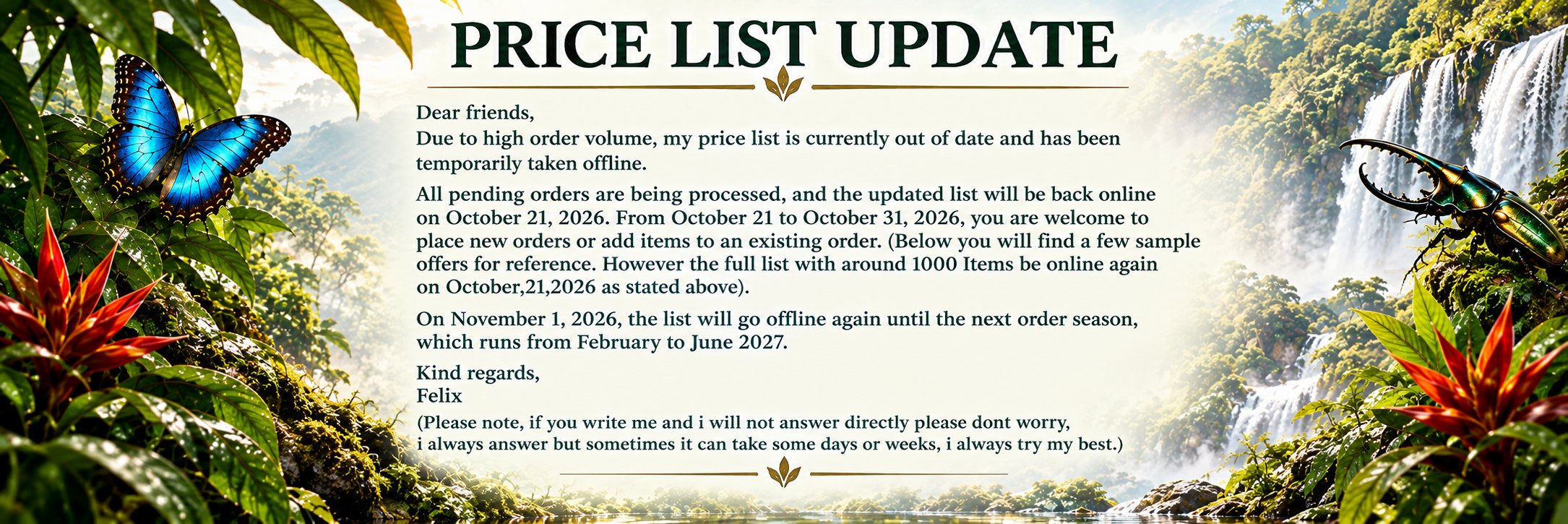 Price list update: the wholesale price list is temporarily offline and returns on October 21, 2026